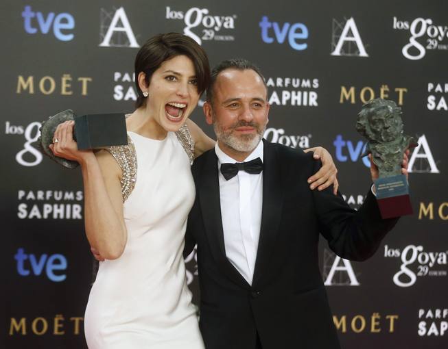 Lennie, who was awarded Best Leading Actress, and Gutierrez, who won Best Leading Actor, pose with their trophies during the Spanish Film Academy's Goya Awards ceremony in Madrid